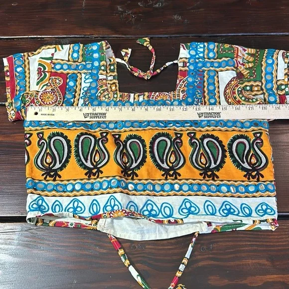 Blue and Yellow Short Sleeve Crop Blouse with Tie Front - Picture 7 of 13